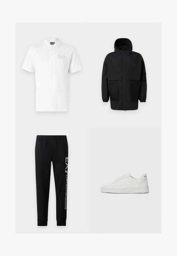 Μαύρο φούτερ τζάκετ από ελαφρύ ύφασμα, με πλέγμα, μπροστινό φερμουάρ και ελαστικούς καρπούς για ρυθμιζόμενη εφαρμογή.; EA7 Emporio Armani Πόλο - white; Μαύρο παντελόνι φόρμας από μείγμα βαμβακιού, με ελαστική μέση, κομμάτια με κωνική γραμμή, ριμπ μανσέτες και λευκή εκτύπωση λογότυπου κατά μήκος της πλευράς.; Λευκό δερμάτινο sneakers με λείο φινίρισμα, στρογγυλή μύτη, επίπεδα κορδόνια και υφή στην σόλα. Φέρει μια διακριτική λογότυπο στη φτέρνα.