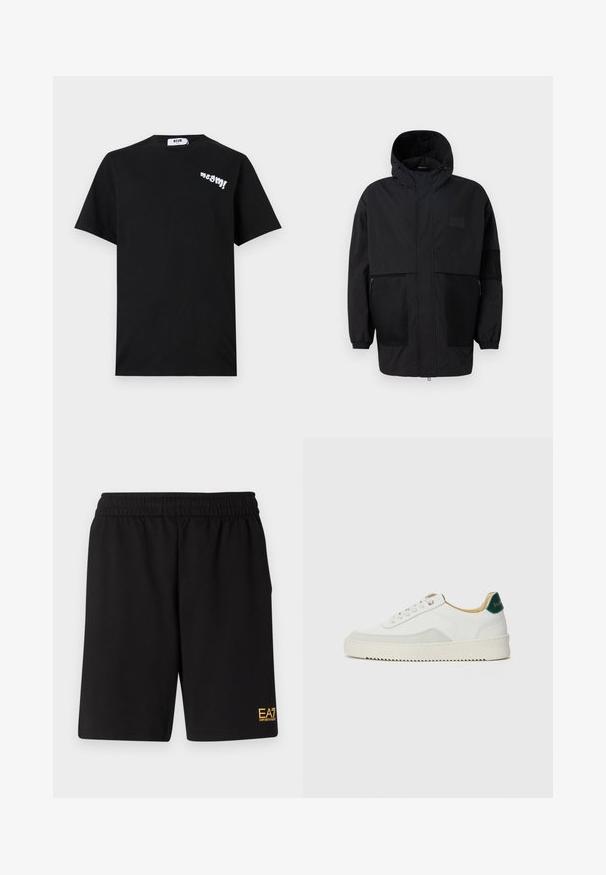 Juodas gobtuvu džemperis, pagamintas iš lengvo audinio, turi tinklinės juosteles, priekinį užtrauktuką ir elastingus rankogalius, leidžiančius pritaikyti dydį.; Juodas medvilninis marškinėliai trumpomis rankovėmis, su baltu žaismingu tekstu "msgm!" kairėje krūtinės pusėje ir apvaliu iškirpimu.; Juoda sportinė šortai, pagaminti iš minkštos medžiagos, su elastingu diržu ir maža geltona EA7 logo apatinėje kairėje kojoje.; Baltos sportbačiai su zomšos akcentais, apvaliu nosiu, plokščiais raišteliais ir kreminės spalvos guminiu padu. Ant kulno yra žalia ženklinimo detalė.