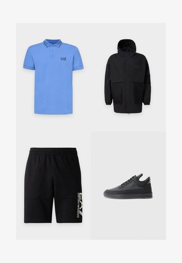 Čierna kapucňová bunda vyrobená z ľahkého materiálu, s priehľadnými panelmi, predným zipsom a elastickými manžetami pre nastaviteľné prispôsobenie.; EA7 Emporio Armani TRAIN CORE - Polokošeľa - granada sky; EA7 Emporio Armani TRAIN VISIBILITY - Šortky - black/cream; Čierne kožené tenisky s textúrovaným povrchom, viazacím dizajnom, nízkym strihom a šedou gumovou podrážkou s drážkovaným okrajom.