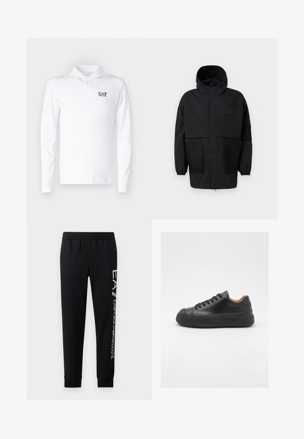 Černá kapucňová bunda vyrobená z lehké tkaniny, s síťovinovými panely, předním zipem a elastickými manžetami pro nastavitelné přizpůsobení.; Bílá dlouhý rukáv polo tričko vyrobené z bavlny, s klasickým límcem, třemi knoflíky a černým logem EA7 na hrudi.; Černé tepláky vyrobené z bavlněné směsi, s elastickým pasem, zúženými nohavicemi, žebrovanými manžetami a bílým potiskem loga na boku.; Černé kožené tenisky s kulatou špičkou, šněrováním v přední části, hladkým povrchem, silnou gumovou podrážkou a kontrastním tan interiérem.