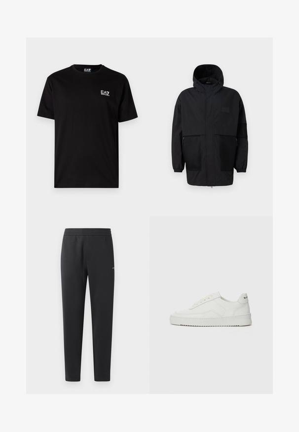 Svart hettejakke laget av lettvektig stoff, med mesh-paneler, en front glidelås og elastiske mansjetter for justerbar passform.; Svart bomull t-skjorte med korte ermer, rund hals og liten hvit EA7-logo på venstre bryst. Glatt tekstur, vanlig passform.; Sorte joggebukser laget av myk stoff, med elastisk midjebånd, rette ben og en liten logo detalj på siden.; Hvite lærersneakers med en jevn overflate, rund tå, flate lisser og en teksturert såle. Har en subtil logo på hælen.