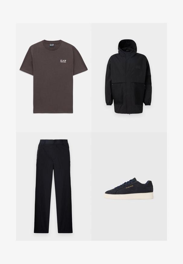 Melnā kapučjaka, kas izgatavota no viegla auduma, ar acs paneļiem, priekšējo rāvējslēdzēju un elastīgām aprocēm, kas nodrošina regulējamu piegulšanu.; Tumši pelēks īsām piedurknēm t-krekls ar mazu baltu EA7 Emporio Armani logo kreisajā krūtīs un kakla uzlīmi.; Melni bikses ar vieglu, teksturētu audumu, taisnu kāju dizainu, elastīgu jostu un sānu rāvējslēdzēju kabatām.; Navy zila zamšas zema augstuma kedas ar baltu zoli, navy krāsas auklām un "Filling Pieces" logo zeltā sānos.