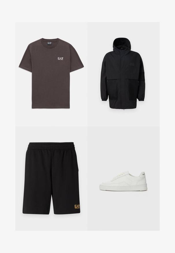 Črna kapuča jakna iz lahkega materiala, ki ima mrežaste panele, sprednje zadrgo in elastične manšete za prilagodljiv fit.; Temno siva kratka majica s kratkimi rokavi in okroglim ovratnikom z majhnim belim logotipom EA7 Emporio Armani na levi strani prsnega koša in oznako na vratu.; Črne športne kratke hlače iz mehkega blaga, z elastičnim pasom in majhnim rumenim logotipom EA7 na spodnjem levem delu noge.; Bela usnjena športna obutev z gladko površino, okroglo prst, ravne vezalke in teksturiran podplat. Ima diskretno logo na peti.