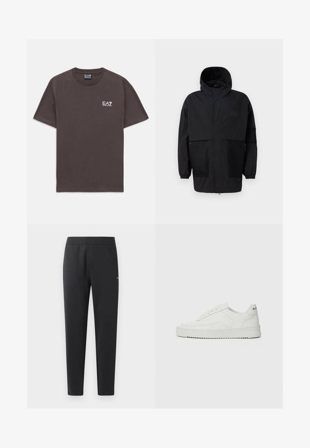 Juodas gobtuvu džemperis, pagamintas iš lengvo audinio, turi tinklinės juosteles, priekinį užtrauktuką ir elastingus rankogalius, leidžiančius pritaikyti dydį.; Tamsiai pilkas trumpomis rankovėmis apvalios iškirptės marškinėliai su mažo balto EA7 Emporio Armani logotipu kairiajame krūtinės rajone ir etikečių kakle.; Juodos sportinės kelnės, pagamintos iš minkštos medžiagos, su elastinga juosmeniu, tiesiomis kojomis ir nedideliu logotipo akcentu šone.; Balti odiniai sportiniai bateliai su lygia apdaila, apvaliu pirštu, plokščiais raišteliais ir tekstūruotu padu. Pasižymi subtiliu logotipu ant kulno.