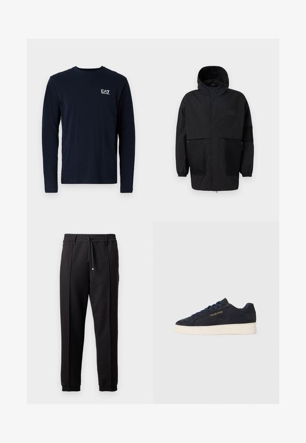 Juodas gobtuvu džemperis, pagamintas iš lengvo audinio, turi tinklinės juosteles, priekinį užtrauktuką ir elastingus rankogalius, leidžiančius pritaikyti dydį.; Tamsiai mėlyna medvilninė ilgomis rankovėmis marškinėliai su apvaliu iškirpimu ir mažą baltą EA7 logotipą kairėje krūtinės pusėje. Glotni tekstūra.; Juodos kelnės su juosmeniu, raišteliu ir elastingais rankogaliais. Yra raukšlės ir lygus, tekstūruotas audinys.; Tamsiai mėlynos zomšos žemos batai su balta siaura, tamsiai mėlynais raišteliais ir auksiniu logotipu „Filling Pieces“ šone.