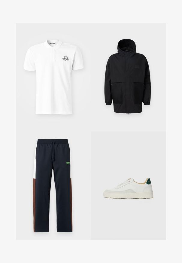 Svart hettejakke laget av lettvektig stoff, med mesh-paneler, en front glidelås og elastiske mansjetter for justerbar passform.; Hvit polo-skjorte laget av bomull med svart brodert design på venstre bryst. Klassisk krage og knappelukking.; Mørkeblå sweatpants med hvite og brune sidelommer, elastisk midje, snøring og en grønn logo ved hoften. Mykt, glatt materiale.; Hvit sneakers med semsket detaljer, rund tå, flate snøringer og en kremfarget gummisåle. Har grønn merking på hælen.