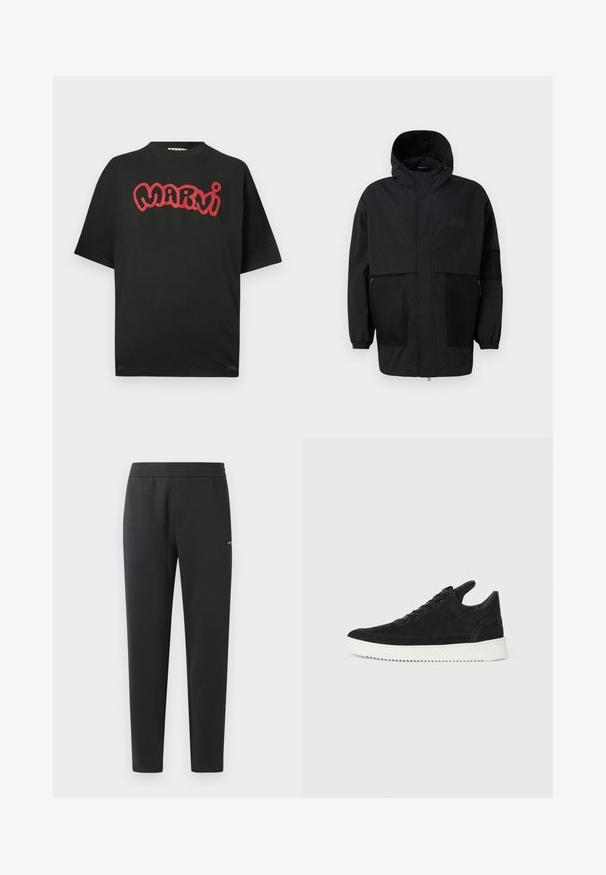 Juodas gobtuvu džemperis, pagamintas iš lengvo audinio, turi tinklinės juosteles, priekinį užtrauktuką ir elastingus rankogalius, leidžiančius pritaikyti dydį.; Juodas trumpas rankovėmis marškinėliai su raudonu stilizuotu "Marni" tekstu per krūtinę, turintys apvalų iškirpimą ir laisvą siluetą.; Juodos sportinės kelnės, pagamintos iš minkštos medžiagos, su elastinga juosmeniu, tiesiomis kojomis ir nedideliu logotipo akcentu šone.; Juodų suede sportbačių su balta gumine padu, su toniniais siuvinėjimais ir raištelių užsegimu. Sklandus paviršius su šiuolaikine, laiko forma.