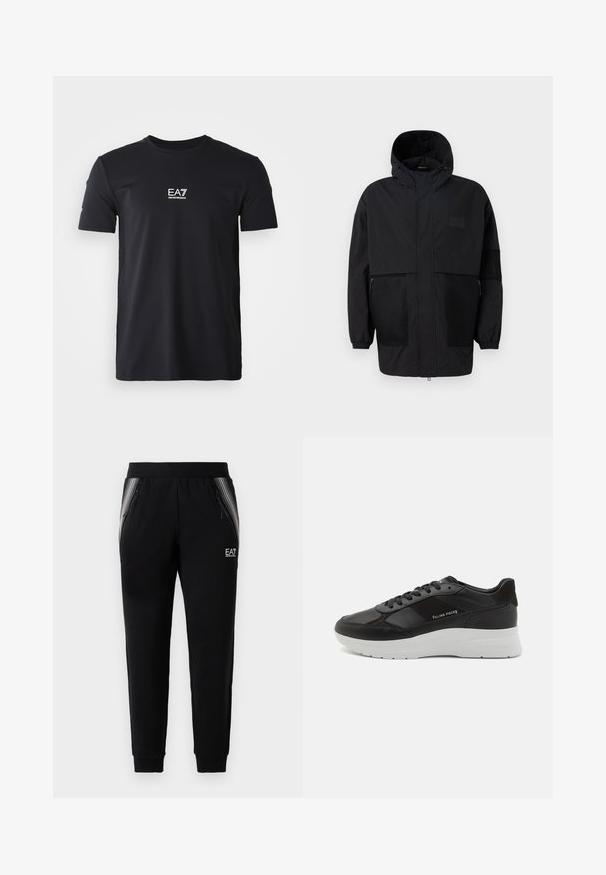 Musta huppari, joka on valmistettu kevyestä kankaasta, sisältäen verkkopaneeleja, etuvetoketjun ja joustavat hihansuut säädettävää istuvuutta varten.; Musta lyhythihainen t-paita, joka on valmistettu sileästä kankaasta. Paidassa on pieni valkoinen logo rinnassa, pyöreä kaula-aukko ja normaali mitoitus.; Mustat tapered-housut vetoketjullisilla sivutaskuilla, raidalliset yksityiskohdat, elastinen vyötärö ja EA7 Emporio Armani -logo oikeassa reisisessä.; Mustat nahkasneakerit, joissa on mokkanahkaosia, pyöreä kärki, valkoinen kumipohja ja ommeltu yksityiskohtaisuus. Logo painettuna sivulle. Klassinen nauhakiinnitys.