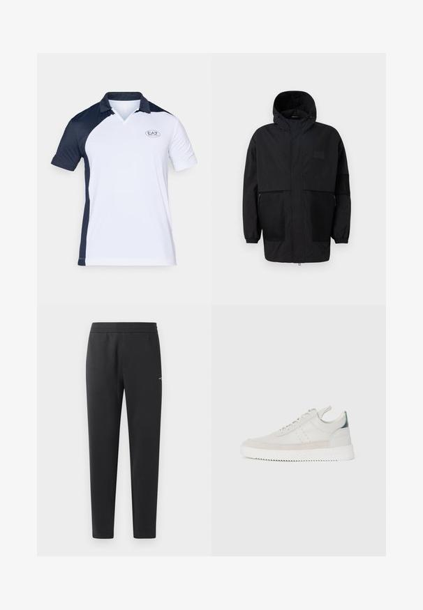Svart hettejakke laget av lettvektig stoff, med mesh-paneler, en front glidelås og elastiske mansjetter for justerbar passform.; Kortermet polo skjorte med et navy blått og hvitt fargeblokkdesign, ribbet krage og liten EA7-logo på brystet.; Sorte joggebukser laget av myk stoff, med elastisk midjebånd, rette ben og en liten logo detalj på siden.; Hvite lær sneakers med grå semsket skinndetaljer, snøring, bånd for å dra opp, og en teksturert gummisåle med en sikksakk-mønster.