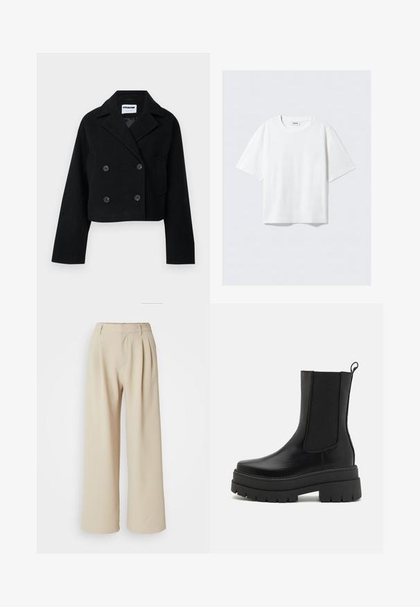 Veste noire courte à double boutonnage avec col cranté, manches larges, deux poches avant et six boutons assortis. Texture lisse.; T-shirt blanc à manches courtes en coton doux, avec un col rond et une coupe décontractée à ourlet droit, uni sans motifs ni graphiques.; Pantalons beige à jambes larges avec une taille haute, un devant plissé et une texture de tissu lisse. Pas de fermetures ni de motifs visibles.; Simmi London FINLAY - Bottines à plateau - black