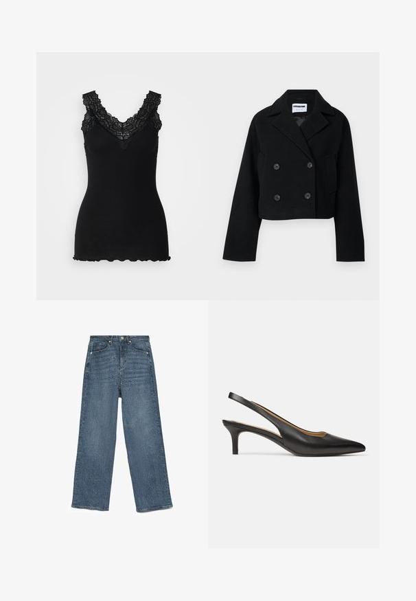 Black cropped double-breasted jacket with notched collar, wide sleeves, two front pockets, and six matching buttons. Smooth texture.; Black ribbed tank top with lace accents along a V-neckline and scalloped hem. The texture is soft, enhancing its fitted design.; Blue denim wide-leg jeans with a textured pattern, five-pocket design, metal button closure, and stitched hems, showcasing a relaxed fit.; Black leather slingback pump with pointed toe and low kitten heel, shown from side on a plain white background.