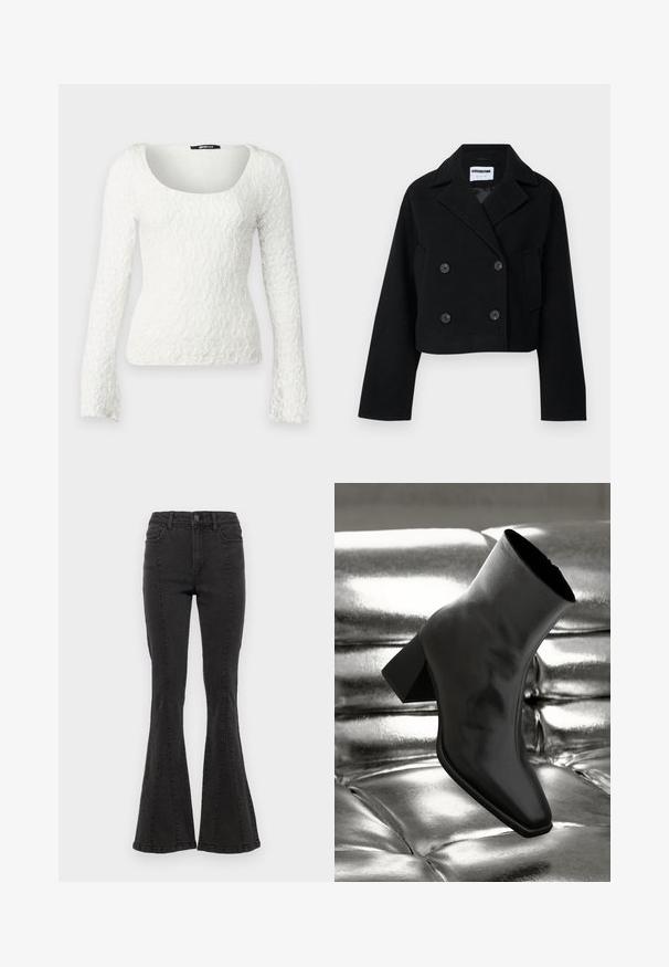 Melna saīsināta divrindu jaka ar iegrieztu apkakli, platiem piedurknēm, divām priekšējām kabatām un sešiem saskaņotiem pogām. Gluda tekstūra.; Balta mežģīņu blūze ar garām piedurknēm, kvadrātveida izgriezumu un izplestos piedurkņu galiem, kas dekorēta ar teksturētu ziedu rakstu visā virsmā.; Melnas džinsu bikses ar platām kājām un augstu jostas vietu, ar sānu šuvēm un gludu apdari pie apakšmalas. Audumam ir gluda tekstūra ar nelielu stiepšanos.; Melnas potītes kurpes, izgatavotas no spīdīga materiāla, ar kvadrātveida purngalu un konusveida papēdi, novietotas uz spīdīga sudraba izšūta fona.