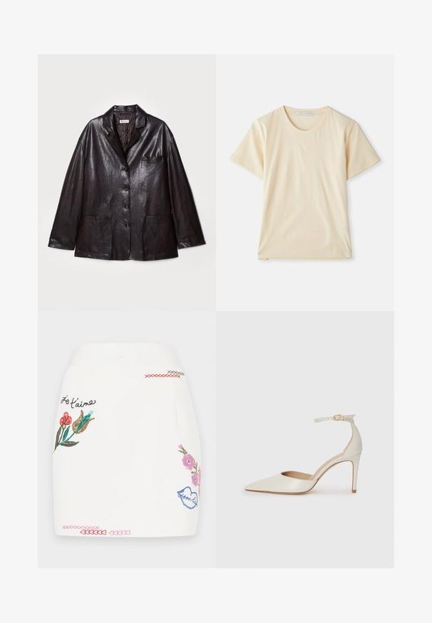 Brūns ādas bleizers ar iekostu apkakli, pieciem pogām, krūšu kabatu un divām priekšējām plecu kabatām. Gluda tekstūra un brīvs piegriezums.; Krēmkrāsas T-krekls, izgatavots no mīksta, viegla kokvilnas auduma, ar īsām piedurknēm un apaļu kakla izgriezumu. Nav redzamu rakstu vai akcentu.; Balta svārki ar krāšņu ziedu izšuvumu rozā, sarkanā un zaļā krāsā. Iekļautas dekoratīvās šuves apmalē un uzraksts "Es tevi mīlu."; Baltas ādas augstpapēžu kurpes ar smailu purngala daļu, potītes siksniņu un šauru stiletto papēdi. Gluda tekstūra ar smalku spīdumu.