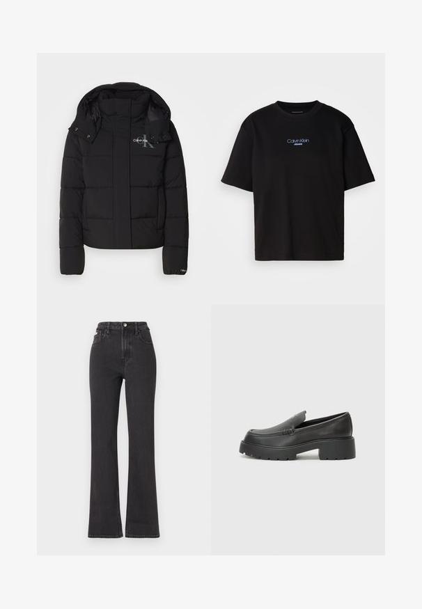 Black puffer jacket with a hood, quilted design, and Calvin Klein logo on the chest. Features a front zipper and snap-button accents.; Black cotton t-shirt with a round neck, short sleeves, and blue embroidered "Calvin Klein JEANS" logo on the front.; Black high-waisted flared jeans made of denim, featuring a button closure, belt loops, and side pockets. Smooth texture with minimal fading.; Black leather loafers with a rounded toe, thick textured sole, and minimal stitching details. Sleek design with no visible laces or hardware.