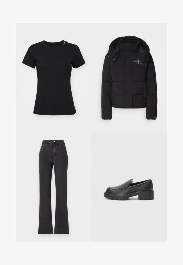 Melnā pūšamā jaka ar kapuci, quilted dizains un Calvin Klein logs uz krūšu daļas. Iekļauj priekšējo rāvējslēdzēju un snap-button akcentus.; Melnā kokvilnas t-kreklu ar īsām piedurknēm, apaļu kakla izgriezumu un mazu logotipa detaļu uz pleca. Gluda tekstūra un pieguļošs dizains.; Melnas augstā jostasvietā plati izgrieztas džinsus no denima, ar pogu aizdari, jostas cilpām un sānu kabatām. Gluda tekstūra ar minimālu izbalēšanu.; Melnas ādas mokasīni ar noapaļotu purngalu, biezs teksturēts zoles un minimālas dūriena detaļas. Gluds dizains bez redzamām auklām vai metāla elementiem.