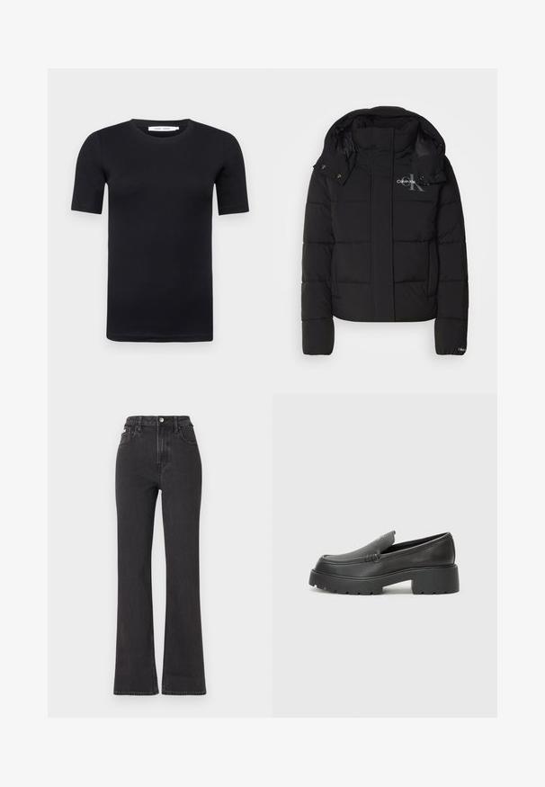 Črna puhovka s kapuco, prešita zasnova in logo Calvin Klein na prsih. Ima sprednji zadrgo in gumbe na pritisk.; Črna majica s kratkimi rokavi iz mehkega bombaža. Ima okroglo izrez in preprost, brezšiven dizajn.; Črne kavbojke s visokim pasom in razširjenimi hlačnicami, narejene iz denima, z gumbom za zapiranje, zankami za pas in stranskimi žepi. Gladka tekstura z minimalnim bledenjem.; Črne usnjene loafers čevlje z zaobljenim nosom, debelim teksturiranim podplatom in minimalnimi šivi. Elegantna zasnova brez vidnih vezalk ali kovinskih delov.