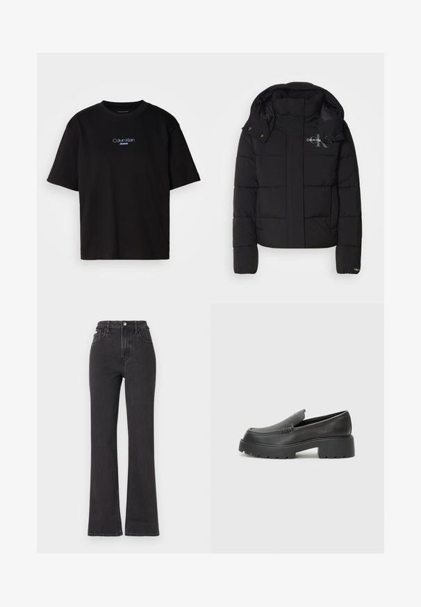 Casaco puffer preto com capuz, design acolchoado e logotipo da Calvin Klein no peito. Apresenta um fecho de correr na frente e detalhes com botões de pressão.; T-shirt preta de algodão com gola redonda, mangas curtas e logo bordado azul "Calvin Klein JEANS" na parte da frente.; Jeans flared pretos de cintura alta feitos de denim, com fecho de botão, passadores para cinto e bolsos laterais. Textura suave com desbotamento mínimo.; Mocassins de couro preto com bico arredondado, sola espessa e texturizada, e detalhes de costura minimalistas. Design elegante sem atacadores ou ferragens visíveis.