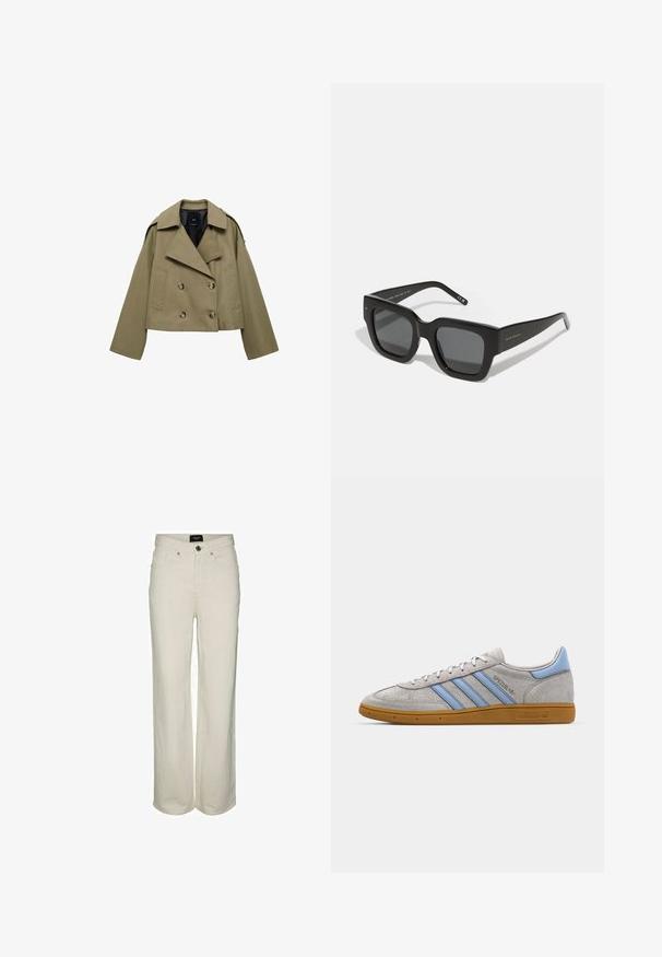 Giacca doppiopetto verde oliva, tagliata, realizzata in tela, con grandi bottoni, revers ampi e una vestibilità comoda.; Maglietta in cotone bianca con maniche corte, scollo rotondo e vestibilità rilassata. Nessun motivo o logo visibile. Texture liscia.; Pantaloni in denim a gamba larga di colore crema con chiusura a bottoni e zip, cinque tasche e dettagli di cucitura sottili. Materiale in cotone.; Sneaker in suede grigio con strisce azzurro chiaro, suola in gomma color caramello e dettagli con logo. Design low-top con punta tonda e chiusura con lacci.; Occhiali da sole neri a forma quadrata con lenti scure, montatura in plastica spessa e tempie eleganti. Presentano un logo discreto sul lato.; Borsa a tracolla verde oliva con una finitura liscia, un bordo superiore arrotondato e un'unica maniglia nera. Presenta un design minimalista e una base triangolare.