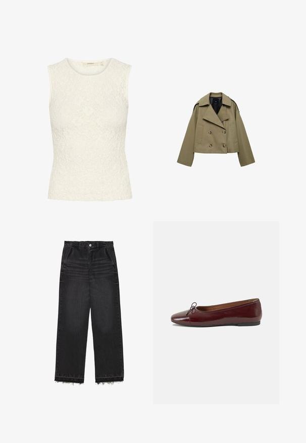 Gekürzter, olivgrüner, doppelt knöpfbarer Blazer aus Canvas, mit großen Knöpfen, breiten Reverenzen und einem lässigen Schnitt.; Ärmelloses Oberteil aus weißer Spitzenware mit einem strukturierten Blumenmuster. Figurbetontes Design, runder Ausschnitt und glatte Saumkanten.; Schwarze Denim-Hosen mit geradem Bein. Sie verfügen über eine hohe Taille, einen fransigen Saum und eine subtile, ausgebleichte Textur. Mit Eingrifftaschen vorne.; Burgunderfarbenes, lackiertes Ballettschuh mit abgerundetem Zehenbereich, kleiner Schleifenakzent vorne und einer niedrigen, schwarzen Gummisohle. Glatte Textur.