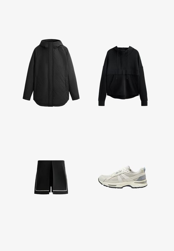 Schwarze, gesteppte Jacke mit Kapuze. Verfügt über flache Nähte, zwei Seitentaschen und einen geraden Schnitt. Glatte Textur, leichtes Material.; Schwarze, verkürzte Kapuzenpullover aus weichem Material. Mit hohem Kragen, Kordelzügen, einer Vorderentasche und weiten Ärmeln mit gerippten Bündchen.; Schwarze Shorts mit einem einzigartigen Schlitzdesign und weißer Paspelierung entlang der Kanten. Hergestellt aus leichtem Stoff, bieten sie einen sauberen, modernen Schnitt.; Beiger Sportschuh mit strukturiertem Mesh-Obermaterial und glatten Akzenten. Verfügt über eine gepolsterte Sohle, verstärkte Zehenpartie und schwarze Gummiaußensohle.