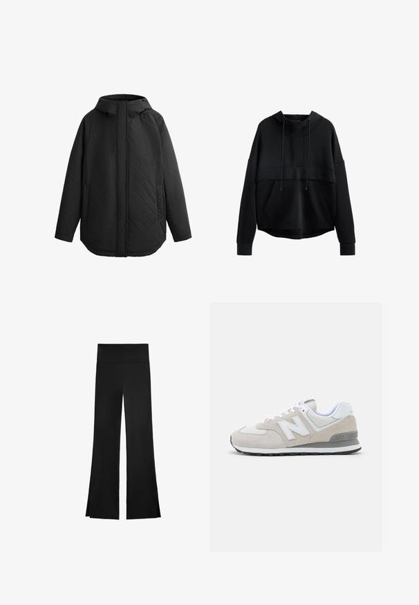 Czarna, pikowana kurtka z kapturem. Posiada płaskie szwy, dwie boczne kieszenie i prosty krój. Gładka tekstura, lekki materiał.; Czarna, krótka bluza z kapturem wykonana z miękkiego materiału. Posiada wysoki dekolt, sznurki, przednią kieszeń oraz szerokie rękawy z ribbowymi mankietami.; Czarne spodnie o szerokim kroju, z wysokim stanem i bocznymi rozcięciami dla łatwości ruchu. Wykonane z gładkiego, elastycznego materiału.; Jasno beżowe sneakersy z mieszanką zamszu i siateczki. Projekt zawiera wyraźne białe logo oraz szare akcenty. Gumowa podeszwa.