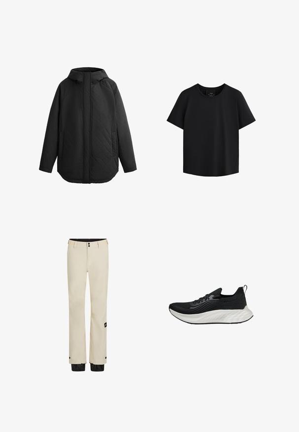 Black, quilted jacket with hood. Features flat seams, two side pockets, and a straight cut. Smooth texture, lightweight material.; Black short-sleeve top with a round neckline, crafted from smooth fabric, featuring a straight cut and subtle side seams for shaping.; Beige weatherproof pants with two button closures, a zipper fly, and a black adjustable hem. Features a logo tag on the left leg.; Black athletic shoe with a textured upper, a white cushioned sole, and subtle branding. Features a pull tab and lace-up closure.