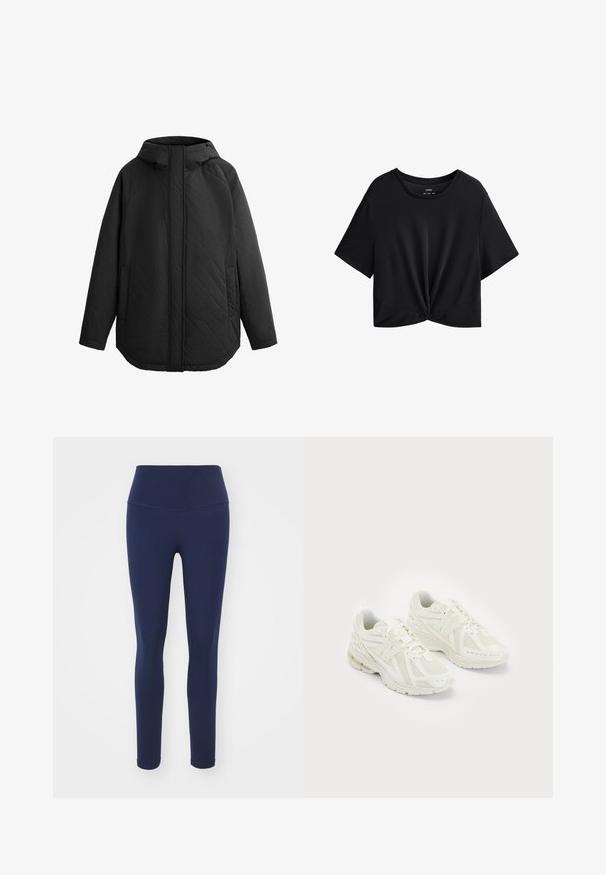 Czarna, pikowana kurtka z kapturem. Posiada płaskie szwy, dwie boczne kieszenie i prosty krój. Gładka tekstura, lekki materiał.; Czarna krótka koszulka z miękkiego materiału, z okrągłym dekoltem, krótkimi rękawami i węzłem na dole.; Granatowe legginsy z elastycznego materiału z wysokim stanem, zaprojektowane z myślą o komforcie i dopasowanej sylwetce. Gładka tekstura, bez widocznych wzorów.; Białe buty sportowe wykonane z siateczki i materiałów syntetycznych, z wiązanym fasonem, wyściełanym kołnierzem i strukturalną podeszwą dla lepszej przyczepności. Lekka konstrukcja.