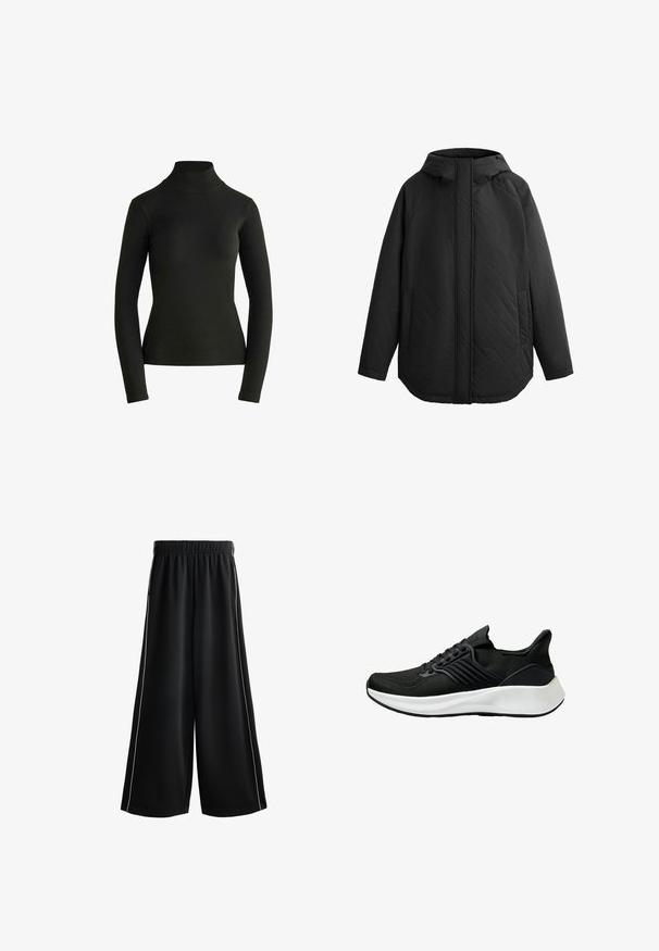 Musta, tikattu takki hupulla. Sisältää litteitä saumoja, kaksi sivutaskua ja suoran leikkauksen. Tasainen pinta, kevyt materiaali.; Musta pitkähihaisuus poolopaita, jossa on tiukka siluetti. Valmistettu sileästä, joustavasta kankaasta, jossa ei ole näkyviä kuvioita tai koristeita.; Mustat leveälahkeiset housut, joissa on joustava vyötärö, valkoiset sivupaneelit ja sileä, kevyt kangas. Ihanteelliset rentoon pukeutumiseen.; Mustat urheilukengät, joissa on karhea kangaspinta, nauhakiinnitys ja valkoinen välipohja. Ominaisuuksia ovat matala profiili ja kaareva pohjamuotoilu.