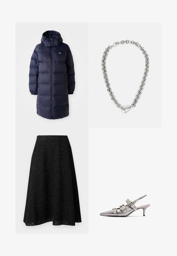 Marineblauer Puffer-Mantel mit hohem Kragen, langen Ärmeln und einem Reißverschluss auf der Vorderseite. Verfügt über gepolsterte Abschnitte und ein Logo auf der Brust. Glatte Textur.; Helles rosa Baumwoll-T-Shirt mit Rundhalsausschnitt, das ein silbernes gesticktes "Calvin Klein"-Logo und ein dezentes "CK"-Design auf der Brust zeigt.; Schwarzer Midirock aus strukturiertem Stoff mit Rautenmuster und dezentem Schimmer. A-Linien-Silhouette mit fließender Form.; Metallisch silberner Slingback-Absatzschuh mit spitzem Zehenbereich, ausgestattet mit drei breiten Riemen und quadratischen metallischen Schnallen. Glänzende Textur und schlanker Absatz.; Silberne Halskette mit miteinander verbundenen runden Gliedern und einem polierten, herzförmigen Akzent in der Mitte. Sicherer Verschluss inklusive.