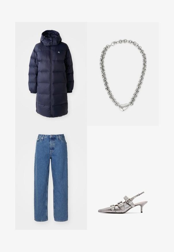 Tengerészkék pehelykabát magas gallérral, hosszú ujjal és elöl cipzárral. Párnázott részekkel és logóval a mellkason. Sima textúra.; Világos rózsaszín pamut póló kerek nyakkal, ezüst hímzett "Calvin Klein" logóval és diszkrét "CK" mintával a mellrészen.; Világoskék farmernadrág magas derékkal, egyenes szárú fazonnal, öt zsebbel és enyhén kopott textúrával. Rögzítő szegecs és gombzár.; Fémes ezüst szandál magassarkú, hegyes orral, három széles pánttal és négyzet alakú fém csatokkal. Fényes textúra és vékony sarkú.; Ezüst lánc nyaklánc, amely összekapcsolt kerek szemekből áll, a középen egy polírozott szív alakú díszítéssel. A zár biztosítva van.