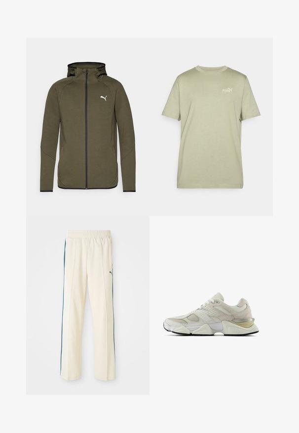 Olíva zöld, cipzáros kapucnis pulóver magas gallérral, fekete kiegészítőkkel és fehér logóval a bal mellrészen. Simára és textúrált anyagból készült.; Olive zöld póló kerek nyakkal és rövid ujjakkal. A mellkason egy kis fehér Puma logó található. Puha, könnyű anyagból készült.; Krém színű tréningnadrág texturált felülettel, sötétzöld oldalsávokkal és elastikus derékkal. Ikonikus logóval a csípőn.; Fehér sportcipő hálós és velúrból készült felsőrésszel, lekerekített orral és párnázott nyakkal. Reflektív részletekkel és vastag, mintázott talppal rendelkezik.