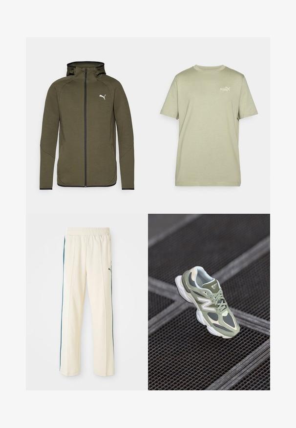 Olive green zip-up hoodie with a high collar, black accents, and a white logo on the left chest. Features a smooth, textured fabric.; Olive green t-shirt with a round neck and short sleeves. Features a small white Puma logo on the chest. Made of soft, lightweight fabric.; Cream-colored tracksuit pants with a textured finish, featuring dark green side stripes and an elastic waistband. Iconic logo on the hip.; Green and beige running shoe with mesh and synthetic materials, featuring a rounded shape, textured accents, and a prominent logo on the side.