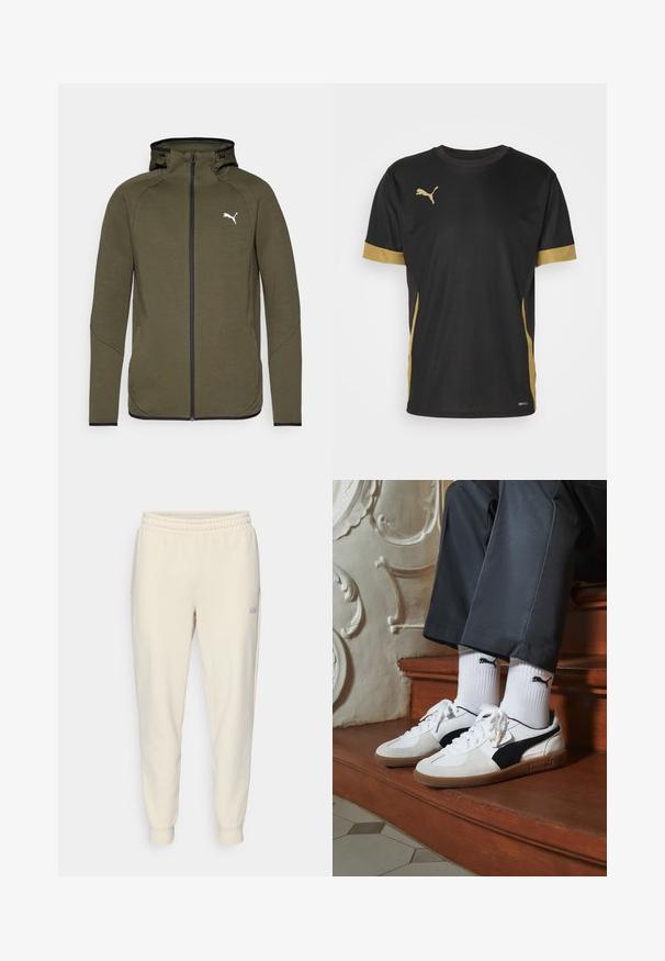 Oliven grønn zip-up hettegenser med høy krage, svarte detaljer og hvitt logo på venstre bryst. Har en glatt, teksturert stoff.; Svart treningst-skjorte med gulldetaljer på ermene og siden. Har rund hals, korte ermer og fukttransporterende DRYCELL-stoff.; Lys beige joggebukse med snøring, som har elastisk midje, ribbede anklene, sidelommer og en liten logo på venstre lår.; Puma-sneakers i hvitt og svart semsket skinn, med en brun gummisåle. Kombinert med hvite sokker med en svart logo, båret med mørke bukser.