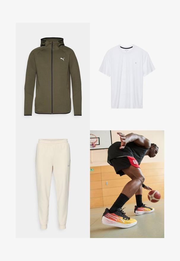 Oliven grøn zip-up hoodie med høj krave, sorte accenter og et hvidt logo på venstre bryst. Har et glat, tekstureret stof.; Hvid crewneck t-shirt lavet af bomuld, med korte ærmer og et lille logo broderet på venstre brystområde. Blød tekstur.; Lys beige træk-snor sweatpants med elastisk talje, ribbede ankler, sidelommer og et lille logo på venstre lår.; Basketballsko med en sort overdel, gul-orange gradientdesign, hvid sål og sorte snørebånd. Har tekstureret materiale og slankt design.