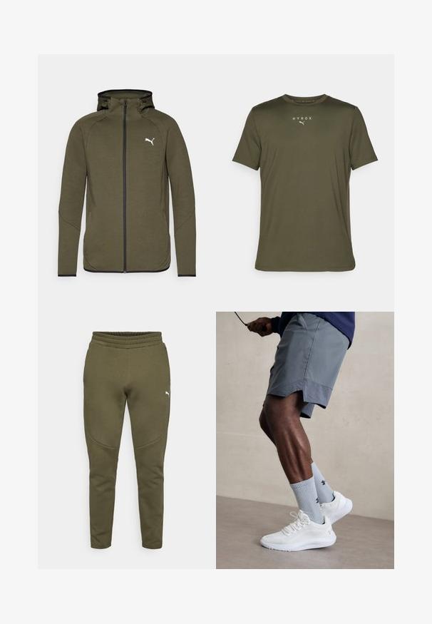 Olive green zip-up hoodie with a high collar, black accents, and a white logo on the left chest. Features a smooth, textured fabric.; Olive green athletic T-shirt in lightweight fabric, featuring a round neck and short sleeves. "HYROX" logo and Puma emblem on the chest.; Olive green sweatpants with a tapered fit, elastic waistband, and a small white logo on the left side. Soft fabric with a smooth texture.; White athletic shoes with textured mesh upper, paired with light blue ribbed socks featuring a logo. Grey athletic shorts with perforated trim.