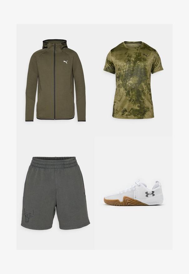 Oliven grønn zip-up hettegenser med høy krage, svarte detaljer og hvitt logo på venstre bryst. Har en glatt, teksturert stoff.; Korte ermer idretts skjorte i olivengrønn med teksturert, mønstrede overflate. Har en liten svart logo øverst til venstre på brystet.; Mørkegrå shorts laget av mykt stoff, med elastisk midjebånd og en okse-logo brodert på venstre side.; Hvite joggesko med mesh-overdel, gummisåle i kamskjellfarge, teksturerte detaljer og en svart logo på siden.