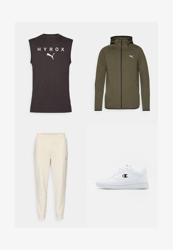 Olivovozelená mikina na zips s vysokým golierom, čiernymi akcentmi a bielym logom na ľavej hrudi. Vyrobená z hladkej, textúrovanej tkaniny.; Čierna bezrukávová športová košeľa vyrobená z bavlny, s nápisom "HYROX" bielymi písmenami a bielym logom Puma pod textom.; Svetloružové teplákové nohavice s viazaním, s elastickým pásom, s manžetami na členkoch, bočnými vreckami a malým logom na ľavom stehne.; Biele športové tenisky s hladkým syntetickým zvrškom, čiernym logom a perforovanými detailmi na boku. Gumová podošva.