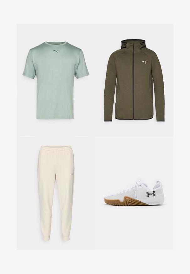 Oliwkowy polar zapinany na zamek z wysokim kołnierzem, czarnymi akcentami oraz białym logo po lewej stronie klatki piersiowej. Charakteryzuje się gładkim, teksturowanym materiałem.; Jasnozielona koszulka z krótkim rękawem, okrągłym dekoltem i małym ciemnozielonym logo Puma na piersi. Gładka struktura, casualowy wygląd.; Jasno beżowe dresowe spodnie z paskiem ściągającym, z elastycznym pasem w talii, zakończeniami w postaci mankietów, bocznymi kieszeniami oraz małym logo na lewym udzie.; Białe buty sportowe z siateczkową cholewką, gumową podeszwą w kolorze gumy, teksturowanymi akcentami oraz czarnym logo z boku.