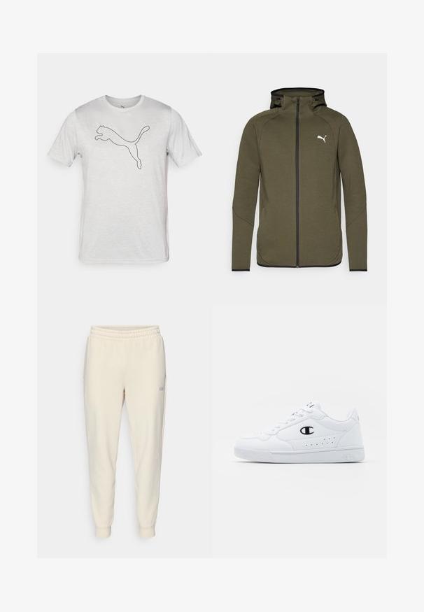 Hanorac cu fermoar de culoare verde măslinie, cu guler înalt, accente negre și un logo alb pe partea stângă a pieptului. Are un material neted și texturat.; Tricou alb cu mânecă scurtă, fabricat dintr-un material moale, având un contur negru al unui logo cu o panteră sărind pe față.; Pantaloni de trening bej deschis, cu șnur, care au talie elastică, glezne strânse, buzunare laterale și un logo mic pe coapsa stângă.; Adidași albi pentru sport, cu o parte superioară din material sintetic neted, accent cu logo negru și detalii perforate pe lateral. Talpă din cauciuc.