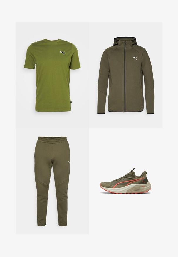 Oliven grøn zip-up hoodie med høj krave, sorte accenter og et hvidt logo på venstre bryst. Har et glat, tekstureret stof.; Oliven grøn bomulds t-shirt med korte ærmer, rund hals og sort broderet Puma-logo på venstre bryst. Glat tekstur.; Olivengrønne sweatpants med en tætsiddende pasform, elastisk talje og et lille hvidt logo på venstre side. Blødt stof med en glat overflade.; Olivengrøn løbesko med en tekstureret overdel, koralfarvede accenter og en tyk hvid mellemsål. Udstyret med en holdbar gummisål for godt greb.