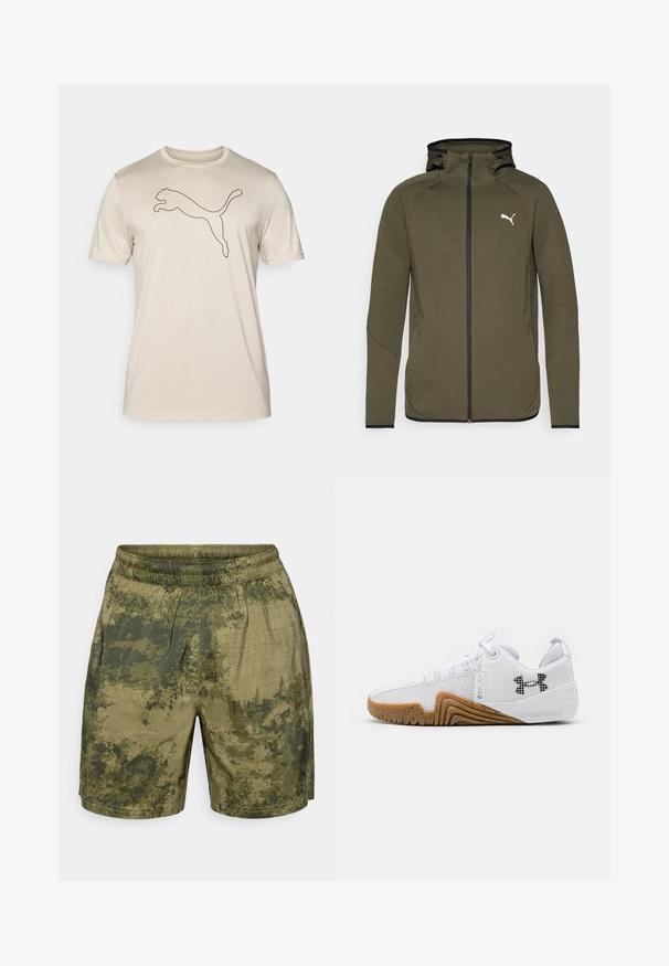 Tumeoliiviroheline tõmblukkidega kapuutsiga sviiter, millel on kõrge kaelus, mustad detailid ja valge logo vasakul rinnal. Omab siledat, tekstuuritud kangast.; Beež puuvillane T-särk lühikeste varrukatega, mille keskosas on must kontuur hüppavast panterist. Sile tekstuur, ümar kaelus.; Roheline kamuflaažimustriga lühikesed püksid, valmistatud kergest kangast, millel on elastne vöökoht ja mugav lõige.; Valged sportlikud kingad, mis on varustatud võrgust pealsega, kummise välispõhjaga, millel on pruuni värvi tooni, tekstuursete detailidega ja must logoga külgedel.