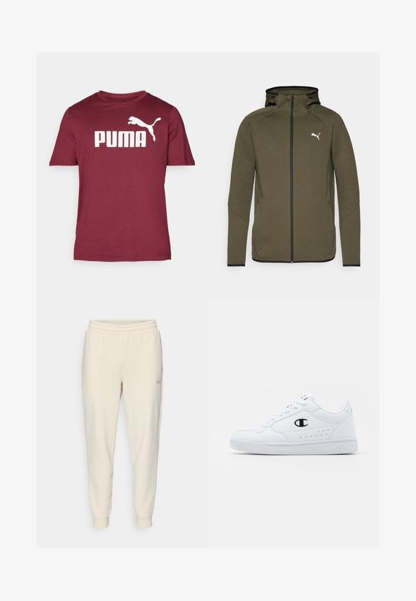 Haut de sweat à capuche zippé couleur olive avec un col haut, des accents noirs et un logo blanc sur la poitrine gauche. Présente un tissu lisse et texturé.; T-shirt rouge à manches courtes en tissu doux, ornée d'un grand logo blanc "PUMA" et d'un graphique de puma sautant à l'avant.; Pantalons de survêtement beige clair à cordon de serrage, avec une taille élastique, des chevilles resserrées, des poches latérales et un petit logo sur la cuisse gauche.; Baskets de sport blanches avec une tige synthétique lisse, accent logo noir et détails perforés sur le côté. Semelle en caoutchouc.