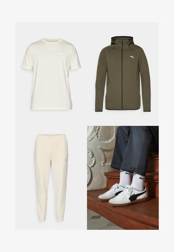 Olive green zip-up hoodie with a high collar, black accents, and a white logo on the left chest. Features a smooth, textured fabric.; Cream short-sleeve T-shirt made of soft cotton with a crew neck. Features a small embroidered Puma logo on the chest.; Light beige drawstring sweatpants, featuring elastic waistband, cuffed ankles, side pockets, and a small logo on the left thigh.; Puma sneakers in white and black suede, featuring a brown rubber sole. Paired with white socks displaying a black logo, worn with dark pants.