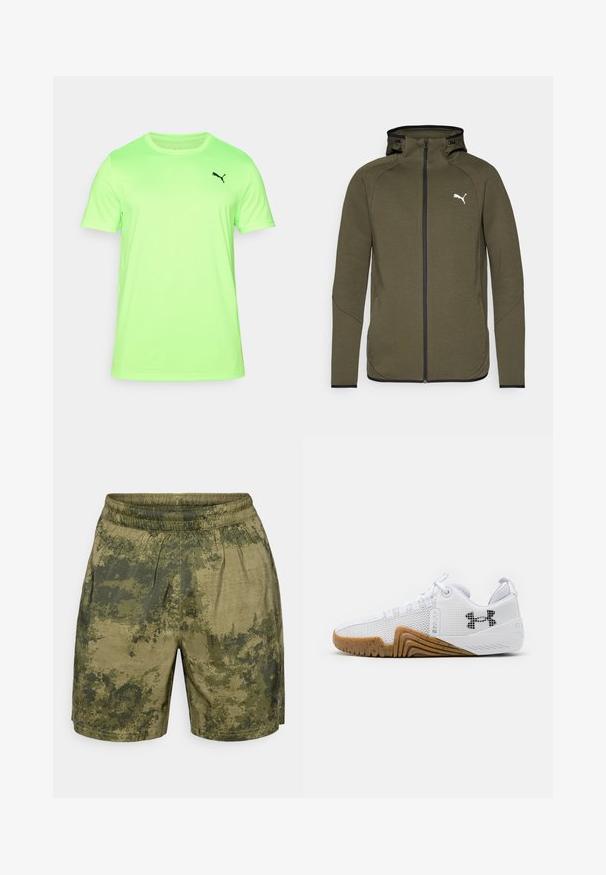 Olíva zöld, cipzáros kapucnis pulóver magas gallérral, fekete kiegészítőkkel és fehér logóval a bal mellrészen. Simára és textúrált anyagból készült.; Neon zöld, rövid ujjú póló, légáteresztő anyagból készült, fekete logóval a mellkas bal oldalán és kerek nyakkivágással.; Zöld árnyalatú, álcázó mintás rövidnadrág, könnyű anyagból készült, rugalmas derékkal és laza szabással.; Fehér sportcipők hálós felsőrésszel, gumis talppal, kialakított részletekkel és fekete logóval az oldalon.