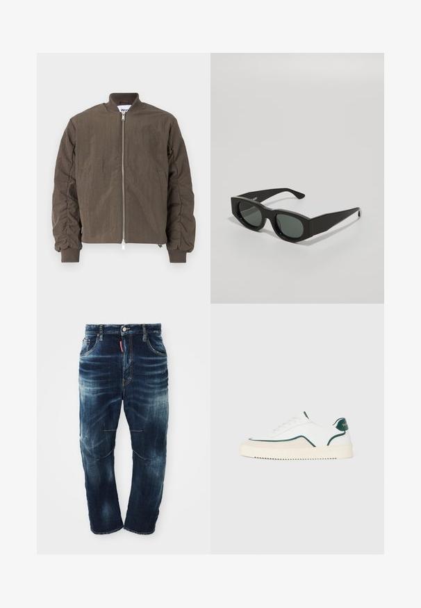 Won Hundred ZAIN - Bombertakki - black olive; Valkoinen puuvillainen t-paita, jossa on pyöreä kaula-aukko, lyhyet hihat ja suora helma. Vasemmassa sauman kohdassa on pieni bränditunnus.; Tummansiniset farkut, joissa on haalistunut pesu, viisi taskua, vetoketjusuljenta ja erottuva ompelu. Polvissa on lievää kulutusta.; Valkoiset matalat tennarit, joissa on vihreät yksityiskohdat, beige mokkajäljitelmä ja kermaisenvärinen pohja, jossa on uritettu pinta.; Mustat suorakulmaiset aurinkolasit, joissa on vihreät sävytetyt linssit, paksut kehykset ja tasaiset templet, joilla on sileä muovinen pinta.