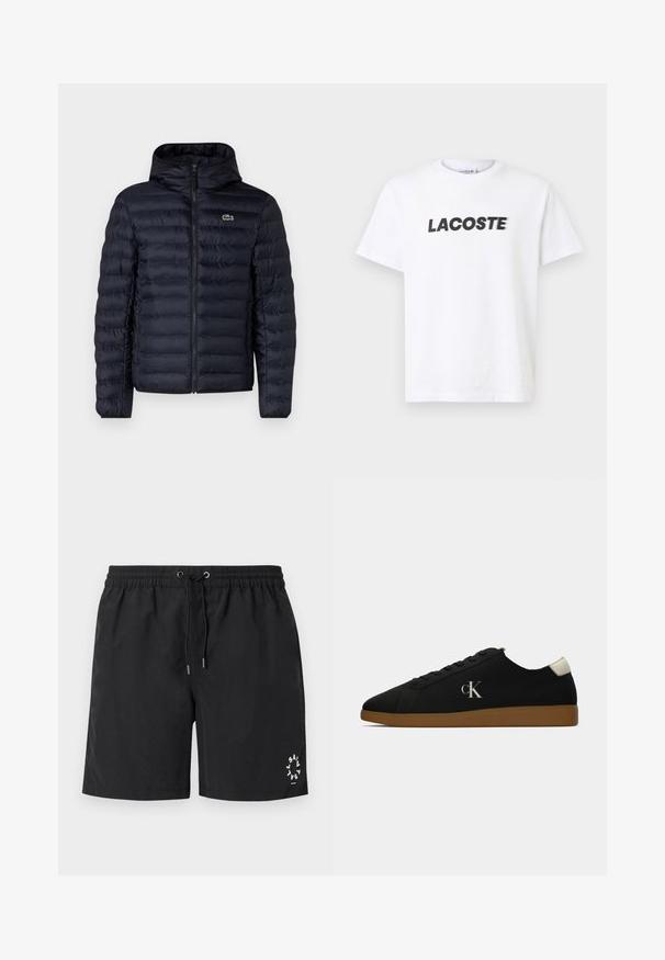 Jūras spēku pildīts jaka ar kapuci, ar priekšējo rāvējslēdzēju un elastīgām aprocēm. Ar teksturētu apdari un horizontālām šuvēm, kā arī logotipa akcentu.; Balta kokvilnas T-krekla ar izteiktu melnu "LACOSTE" logo uz krūtīm. Īsas piedurknes un apaļas kakla izgriezums.; Melni peldēšanas šorti, izgatavoti no viegla auduma. Elastīga jostasvieta ar savelkamu auklu un sudraba galiem. Balta logo uzdrukāta apakšējā kreisajā stūrī.; Melnas audekla sporta apavi ar gumijas zoli, kuriem sānos atrodas sudraba "cK" logo un balta akcenta detaļa pie papēža. Zema augstuma dizains.