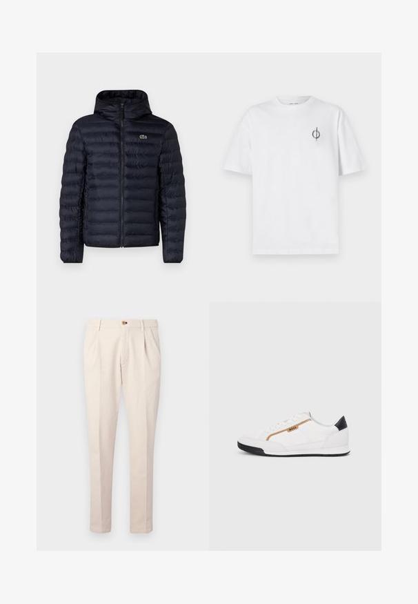 Jūras spēku pildīts jaka ar kapuci, ar priekšējo rāvējslēdzēju un elastīgām aprocēm. Ar teksturētu apdari un horizontālām šuvēm, kā arī logotipa akcentu.; Bāla kokvilnas t-kreklu ar brīvu piegulšanu, kuram uz kreisā krūšu apvidus ir neliels melns grafiskais logotips. Īsas piedurknes, apaļas kakla izgriezums.; Bēši bikses ar gludu tekstūru, ar taisnu piegriezumu, divām priekšējām krokām, pogu aizdari un sānu kabatām.; Baltijas krāsā baltas sporta kurpes ar acu un ādas akcentiem. Iezīmējas ar zelta "BOSS" logo, teksturētām sānu paneļiem un melnu papēža kapu. Gumijas zole.