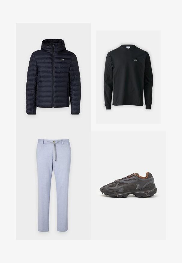 Granatowa pikowana kurtka z kapturem, z przodu zapinana na zamek błyskawiczny oraz z elastycznymi mankietami. Teksturowane wykończenie z poziomymi przeszyciami oraz akcentem logo.; Czarna koszulka z długim rękawem, wykonana z bawełny, z okrągłym dekoltem i małym haftowanym logo krokodyla w kolorze zielonym po lewej stronie klatki piersiowej.; Jasnoniebieskie spodnie casualowe, wykonane z miękkiego materiału, z elastycznym sznurkiem w pasie, ozdobnym guzikiem oraz zwężanym krojem nogawki o gładkiej fakturze.; Sneakers Lacoste w ciemnoszarym kolorze, wykonane z siateczki i materiału syntetycznego, z teksturowaną podeszwą oraz brązowymi akcentami na kołnierzu i logotypie.
