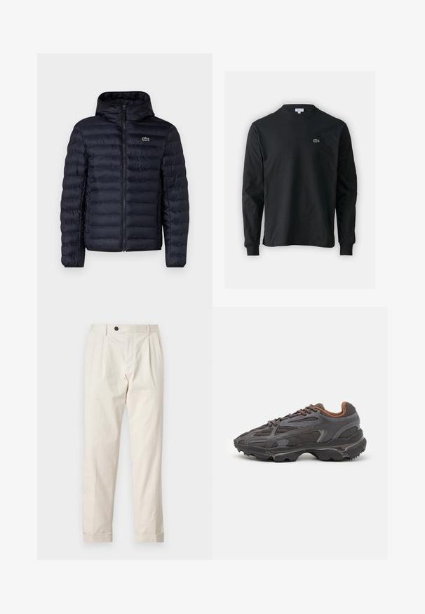 Veste rembourrée marine avec capuche, dotée d'une fermeture éclair à l'avant et de poignets élastiques. Finition texturée avec des coutures horizontales et un accent de logo.; T-shirt noir à manches longues en coton, avec un col rond et un petit logo de crocodile brodé vert sur la poitrine gauche.; Pantalons crème avec une coupe ajustée, présentant une fermeture à un bouton, un devant plissé et des ourlets à revers. Fabriqués en tissu léger.; Baskets Lacoste en gris foncé, en matériau mesh et synthétique, avec une semelle texturée et des accents marron sur le col et le branding.