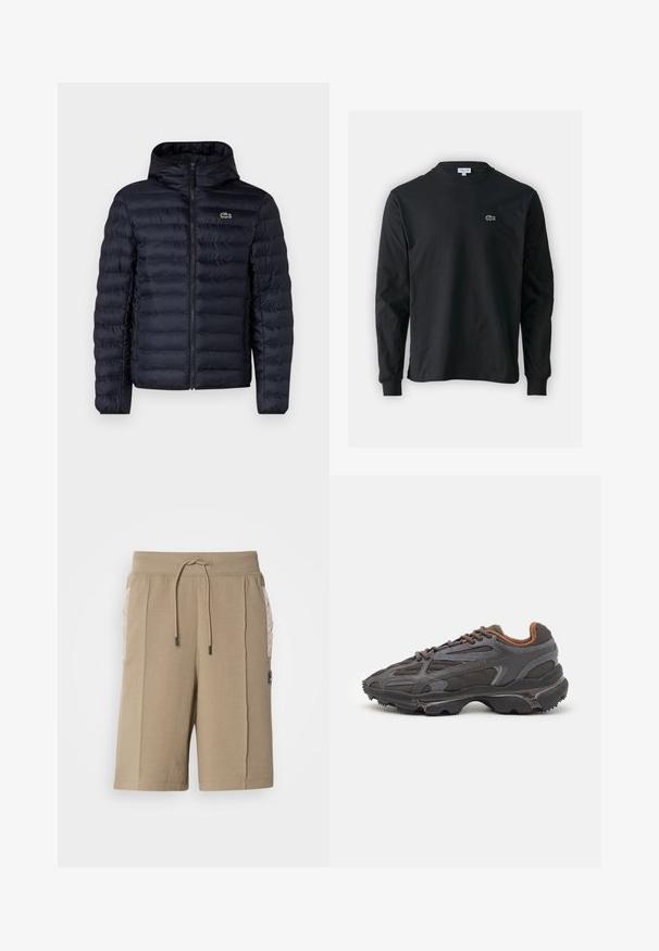 Marineblaue gepolsterte Jacke mit Kapuze, ausgestattet mit einem Frontreißverschluss und elastischen Bündchen. Strukturierte Oberfläche mit horizontalen Nähten und einem Logo-Detail.; Schwarzes Langarm-T-Shirt aus Baumwolle, mit Rundhalsausschnitt und einem kleinen grünen, gestickten Krokodil-Logo auf der linken Brust.; Beige Baumwollshorts mit elastischem Bund und Kordelzug. Mit gesteppter Seitentasche und einem Logopatch auf der Vorderseite.; Lacoste Sneaker in Dunkelgrau aus Mesh und Synthetikmaterial, mit einer strukturierten Sohle und braunen Akzenten am Kragen und Logo.
